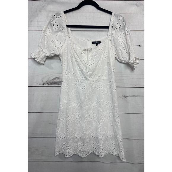 7 FOR ALL MANKIND EYELET PUFF SLEEVES WHITE SUMMER MINI DRESS SIZE SM - Picture 1 of 4
